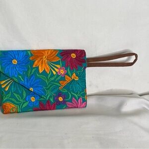 Floral Embroidered Clutch with Wrist Strap